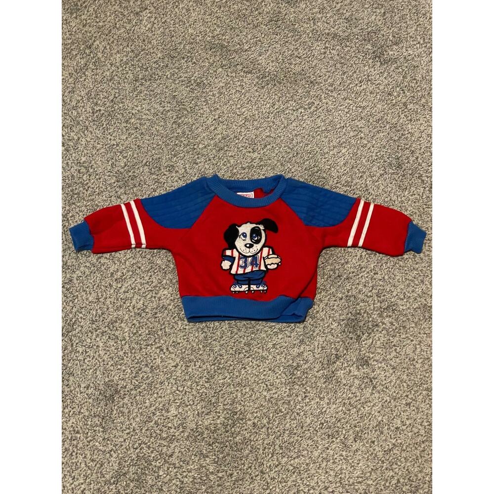 Vintage Buster Brown Sweater Baby 6-9 Months Red Blue Puppy Hockey Graphic 90s